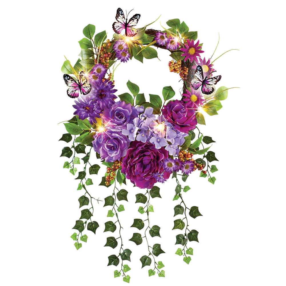 18 Diam Lush Mixed Artificial Floral LED Lighted Summer Door Wreath Decoration with Trailing Ivy