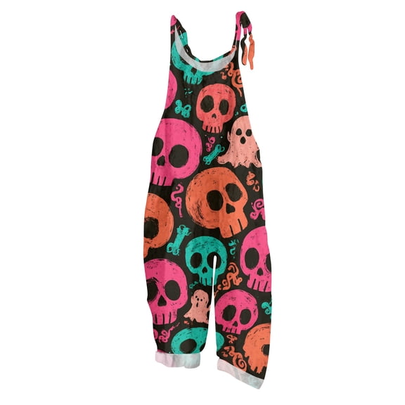 EANJE Halloween Rompers for Women Dressy Sleeveless Oversized Jumpsuits Women Overall Wide Leg Gothic Skull Floral Print Straps Romper Dressy Bib Overalls Fall Outfit Hot Pink S