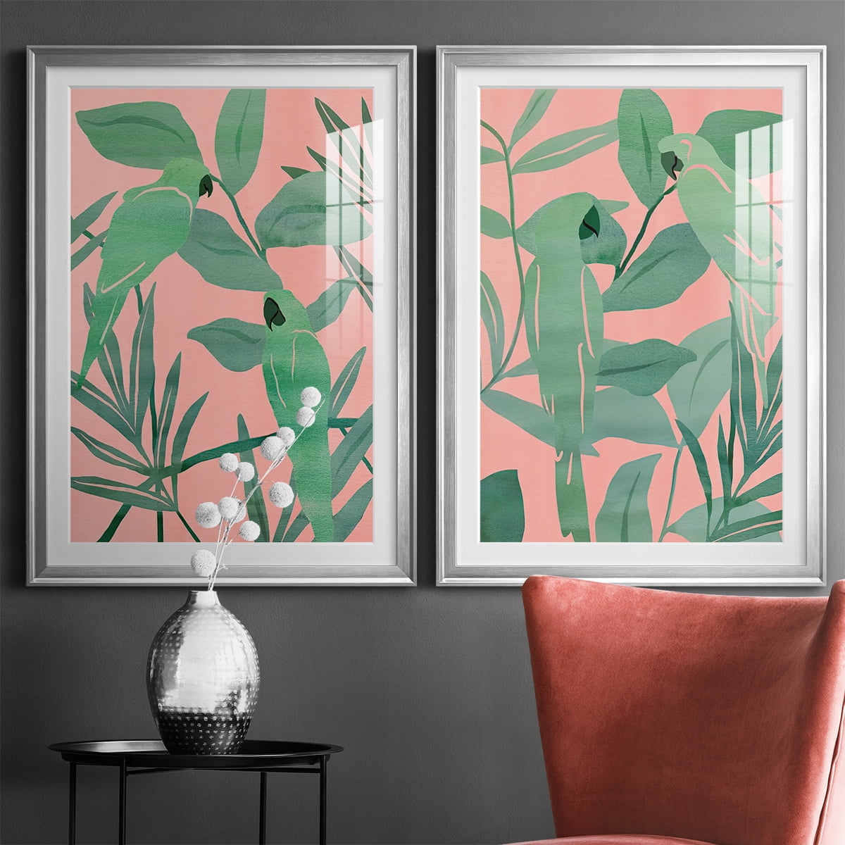 Wexford Home Pink and Green Birds of Paradise I Premium Framed Print, 26.5" x 36.5" - Ready to Hang, Silver (Set of 2)