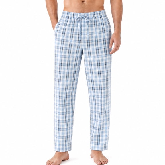 Vulcanodon Mens 100% Cotton Pajama Pants, Soft Lightweight Sleep Pants with Pockets Plaid Pajama Bottoms for Men(Aqua Blue-Plaid, Large)