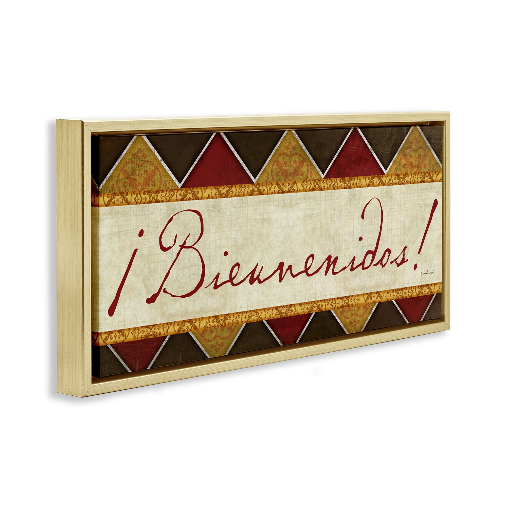 Stupell Industries Bienvenidos Patrón Tradicional Signs and Rules Painting Gold Floater Framed Art Print Wall Art, 31 x 14