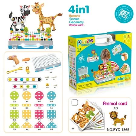 Puzzle Creative Electric Drill Puzzle Stem Toys- 257 Pieces, 4in1 Puzzle Block for Boys & Girls (Animal)
