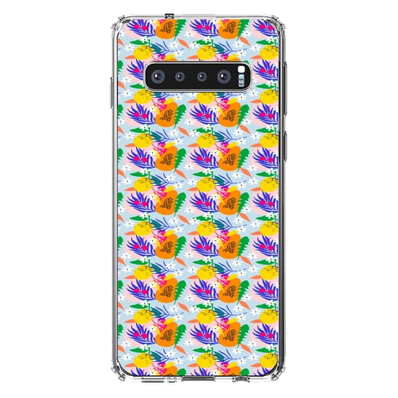 DistinctInk Clear Shockproof Hybrid Case for Samsung Galaxy S10  PLUS(6.4" Screen) - TPU Bumper, Acrylic Back, Tempered Glass Screen Protector - Summer Vibes Floral Pattern Orange Blue Green