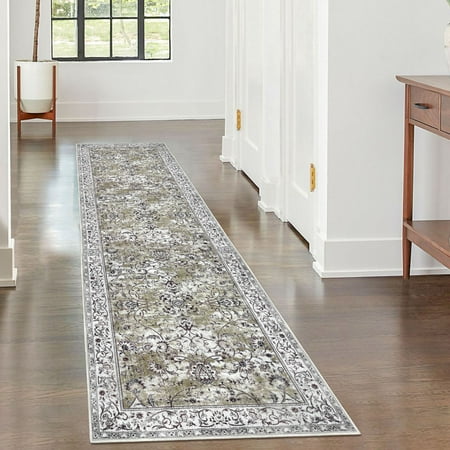iOhouze Runner Rugs for Hallway Washable 2x7 Rug Runner Vintage Thin Floral Runner Rugs Non Slip Soft Low Pile Print Runners for Kitchen Laundry Room Bedroom  Mossy Taupe