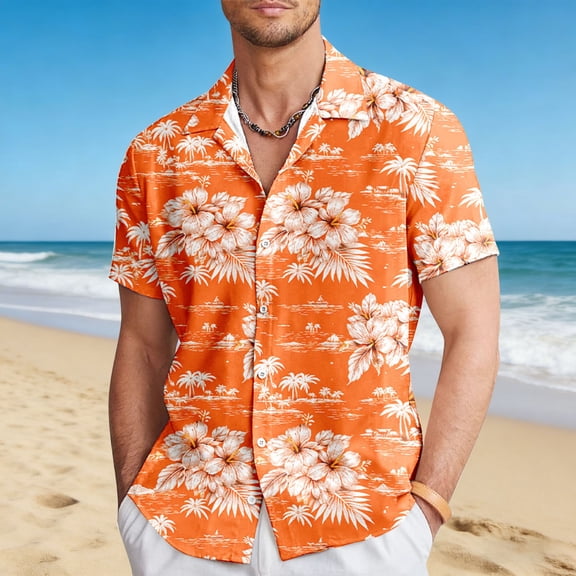BUWTTER Classic Dress Shirt for Men Comfort Stretch Fabric Formal Business Casual Short Sleeve Button Down Beach Shirts Orange L