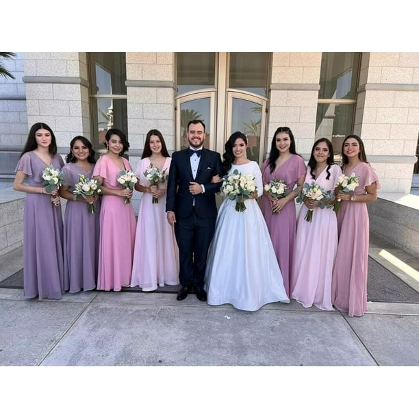 Vestido de dama de honor TIRAS, elegante cuello en V, gasa malva