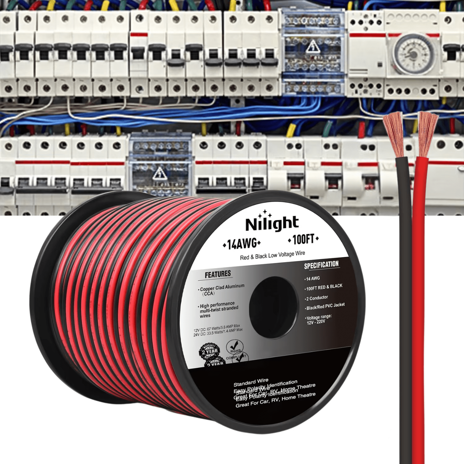 Nilight 14AWG Electrical Wire 100ft Copper Clad Aluminum 2-Conductor Red/Black for LED Lighting 12V/24V DC