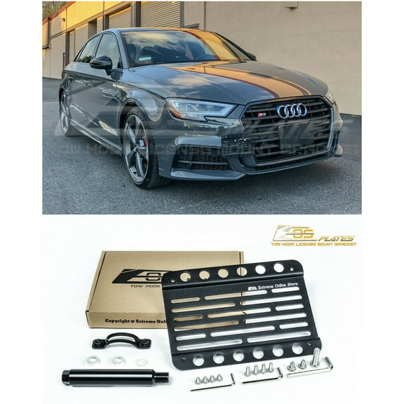 Extreme Online Store Replacement for 2015-2020 Audi A3 & S3 | EOS Plate Version 1 Mid Sized Front Bumper Tow Hook License Relocator Mount Bracket