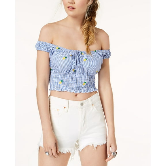 Polly Esther Juniors Off The Shoulder Crop Top Blue Pineapple Stripe S