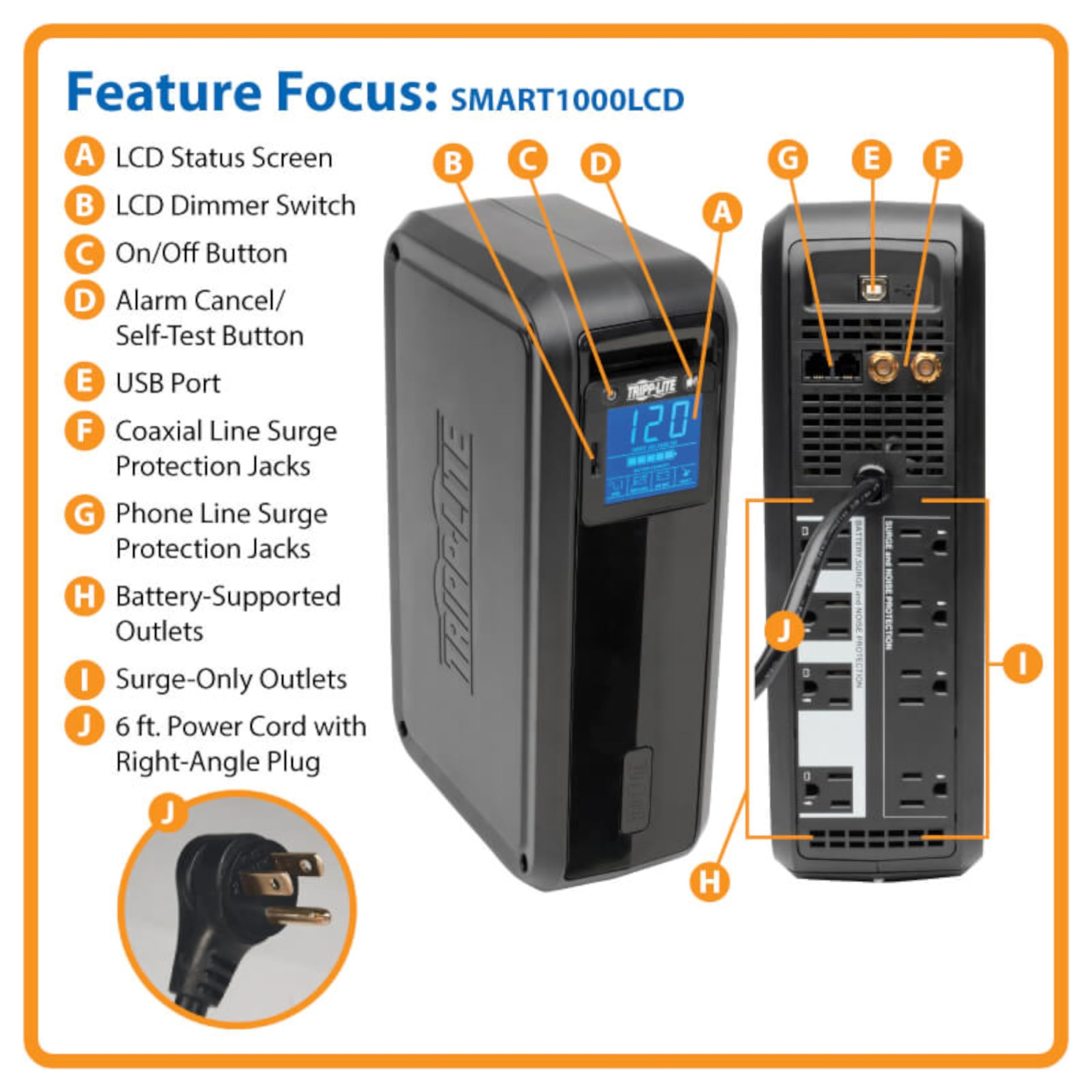 Tripp Lite SMART1000LCD Tower 1000W 120V Uninterruptible Power Supply with USB, 8-Outlets, 6' Cord