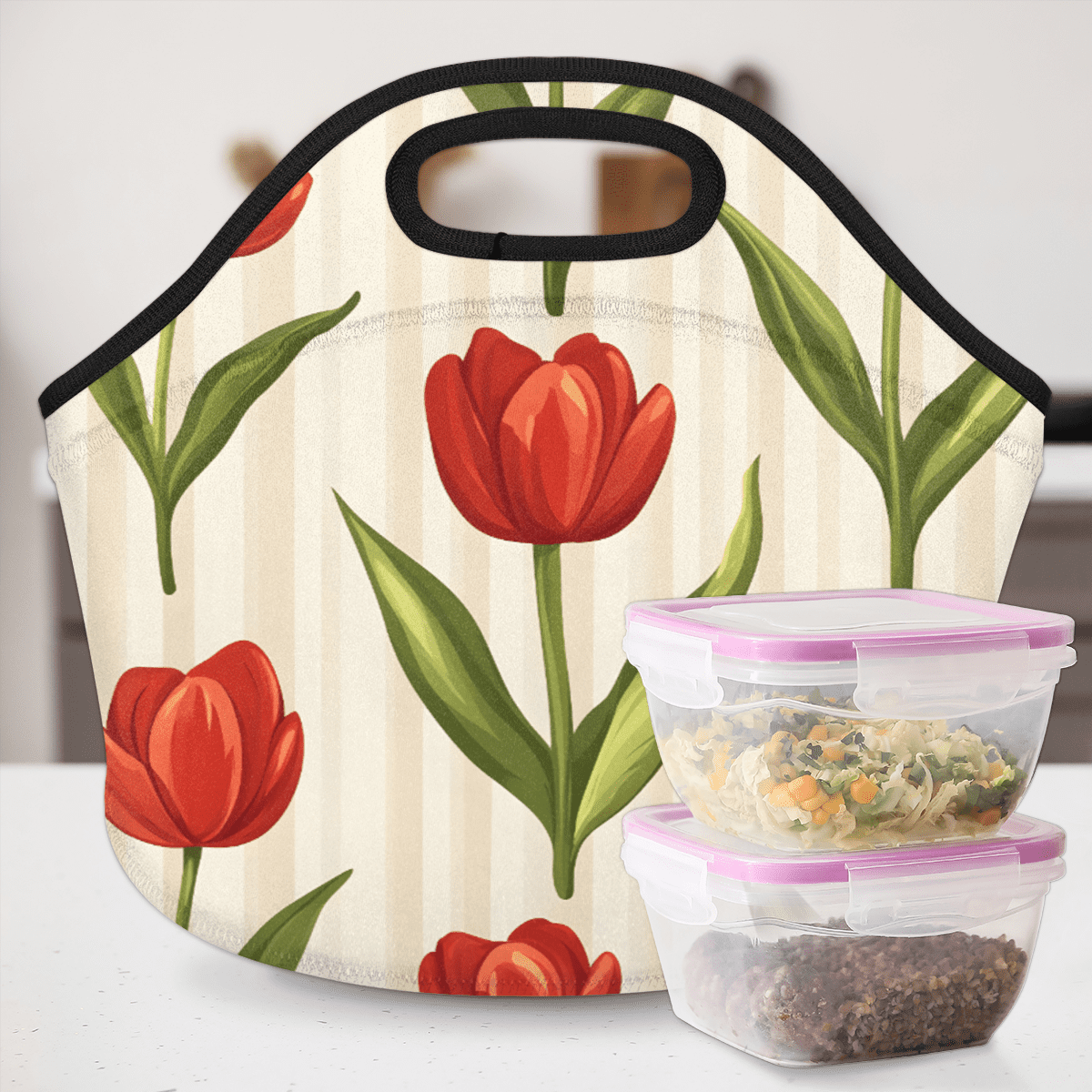 Herdesigns Tulip Insulated Lunch Bag Neoprene Lunch Box for Women Men Soft Cooler Bag Floral Washable Lunch Tote for Work Outdoor Picnic