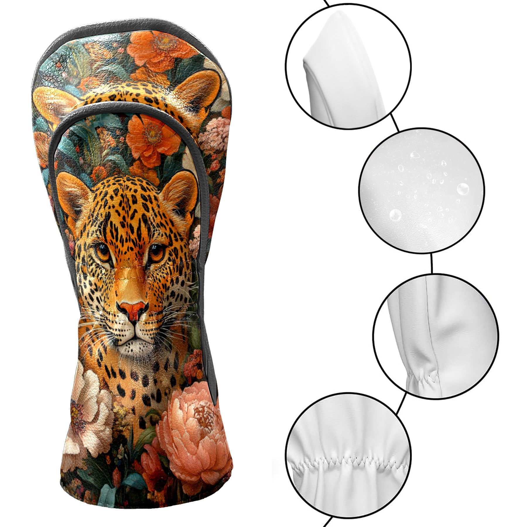 Golf Club Covers PU Leather Waterproof Head Covers for Fairway Woods Hybrids Orange Leopard