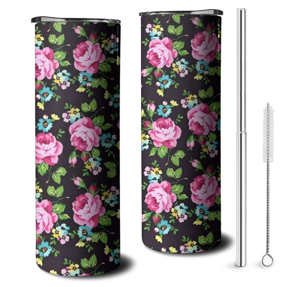 20oz Pioneer Flower Floral Print Pattern Skinny Tumblers Stainless Steel Tumbler with Lid and Straw,Vacuum Insulated Double Wall Travel Tumbler Cups with Cleaning Brush for Coffee,Tea