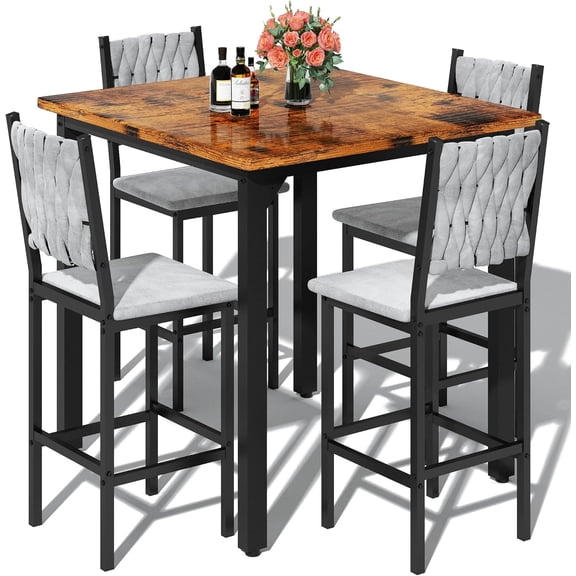 MIERES 5-Piece Dining Set, 4-Person Kitchen Dining Table Set, Kitchen Dining Table with 4 Velvet-Upholstered Chairs, Suitable for Kitchens, Dining Rooms, Apartments, and Breakfast Nooks, Brown/Gray