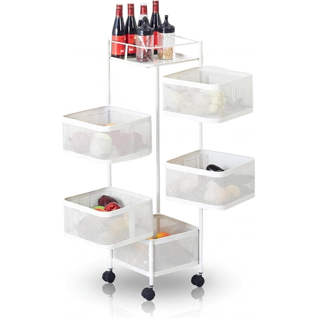 5 Rotating Kitchen Storage Rack, Rolling Storage Cart with Metal Mesh Baskets, Lockable Wheels, Top Handle, Fruit & Veggie Cart for Pantry/Bathroom