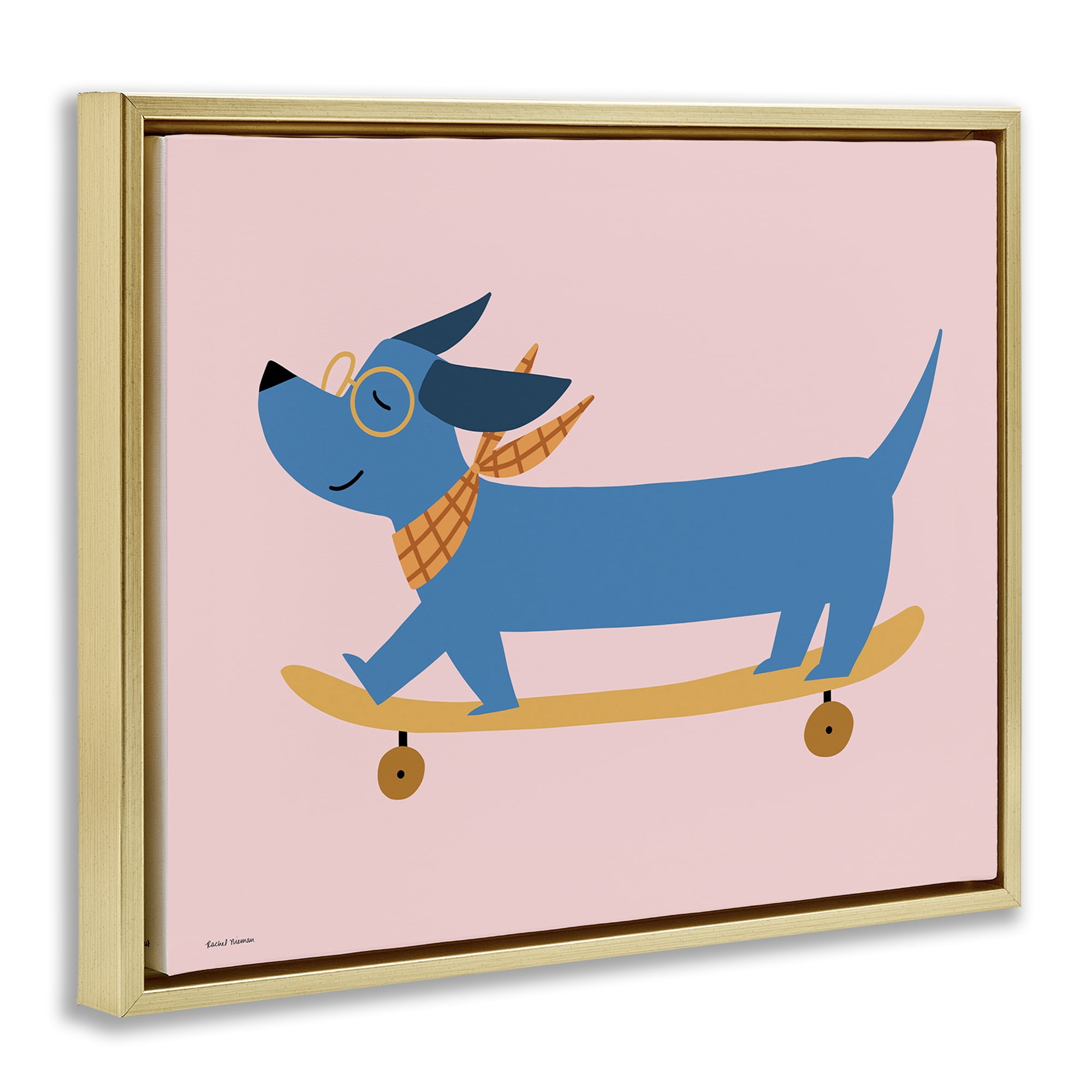 Stupell Industries Skateboarding Wiener Dog Gold Framed Floater Canvas Wall Art, design by Rachel Nieman