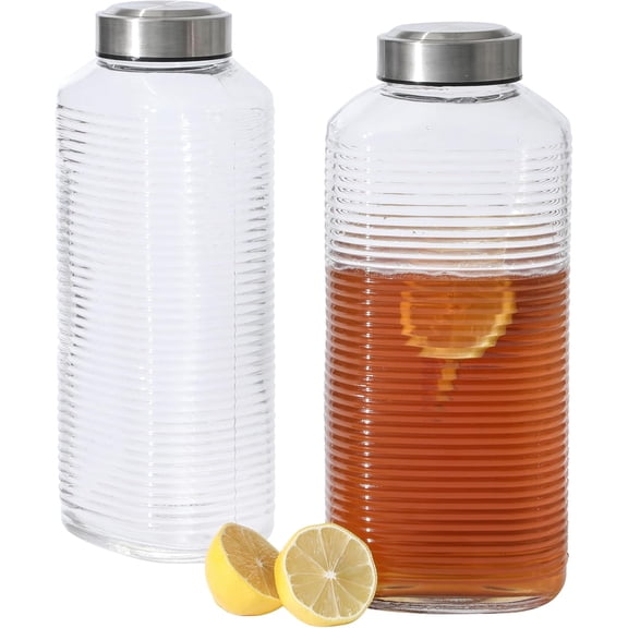 Aspen Heights 2 Pack 64 OZ (1.9 Liters) Large Embossed Reusable Glass Bottles w/Airtight Leakproof Stainless Steel Lid, Pitcher for Water, Milk, Juice - Dishwasher Safe