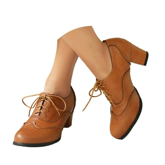 YLYL Women's Wingtip Oxfords Shoes Chunky Mid Heel Lace up Vintage Dressy Brogues Pumps Shoes