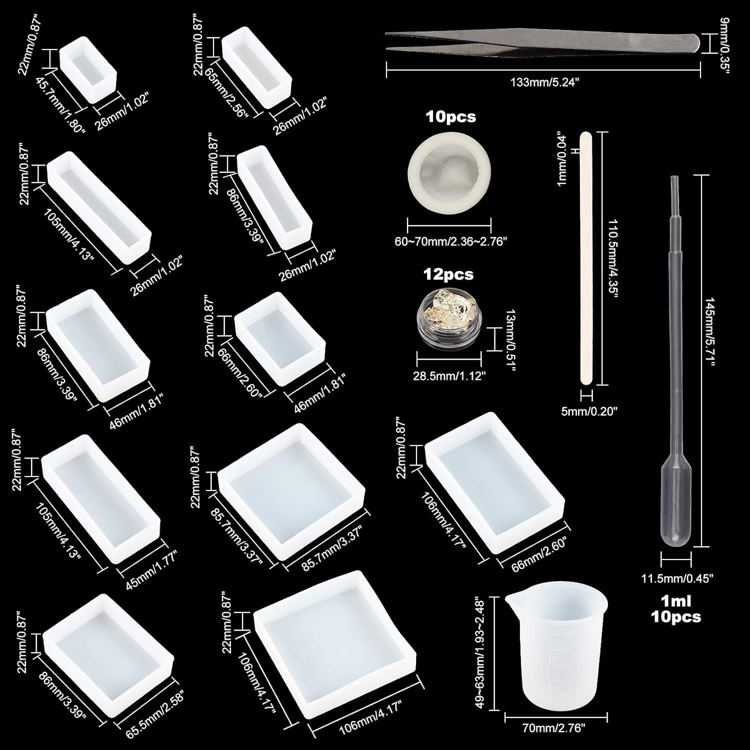 1 set Silicone Resin Casting Molds 11pcs Square Rectangular Silicone Molds Tinfoil Measuring Cup Tweezers Sticks Pipettes and Latex Finger Cots for DIY Crafting Resin Epoxy Jewelry Making