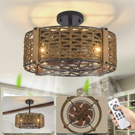 

Farmhouse Caged Ceiling Fan with Lights Remote Control Low Profile Bedroom Ceiling Fans Industrial 17 Inch Ceiling Fans for Kitchen Bedroom Dining Room