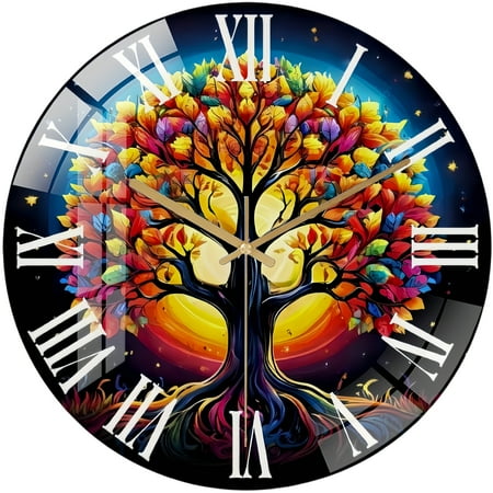 Round Glass Wall Clock, Tree of Life Wall Clock, Unique Colorful Wall Clock, Nature Lover Clock, Tempered Glass Wall Clock, Modern Wall Art, Spiritual Home Decor Style 12Ă12inch