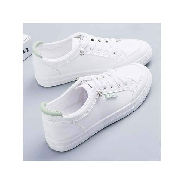 Woobling Women Casual Shoes Lace Up Sneakers Slip On White Flats Comfort  Walking Shoe Womens Lightweight Non-Slip Trainers White Green 5 
