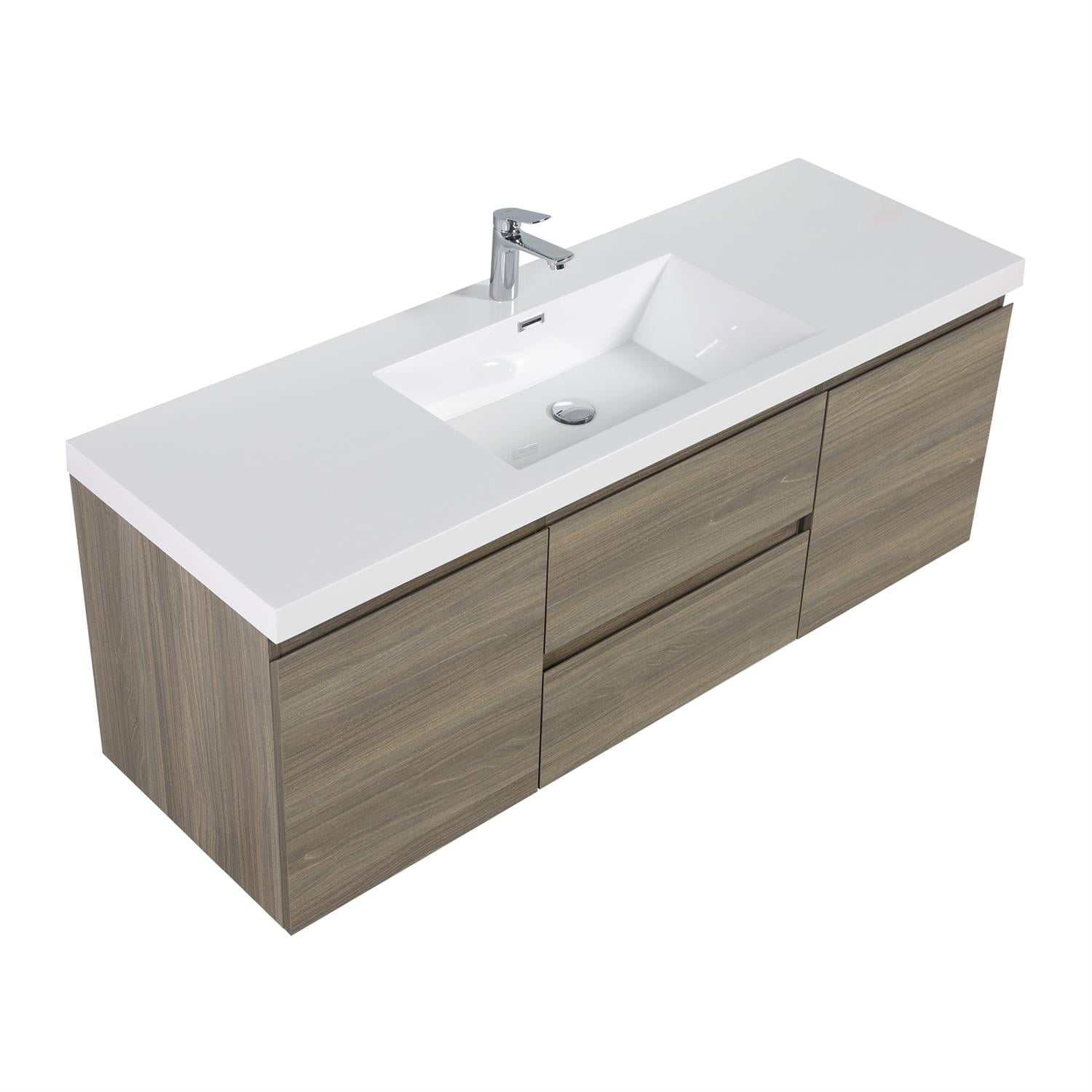 Demi Bonn 60" Floating Bathroom Vanity with Sink, Resin Top Basin and 2 Soft Close Drawers, 2 Storage Cabinet, Faucets and Drains Not Included, Gray