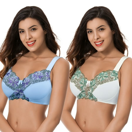 

Curve Muse Women s Plus Size Minimizer Wireless Unlined Bra with Embroidery Lace-2Pack-BUTTERMILK SERENITY-34DDDD