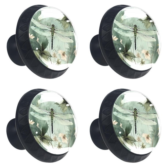 4 Pcs Dragonfly Print Cabinet Knobs 30mm Round Crystal Glass Drawer Handles Pulls with Screws for Kitchen Cupboard Wardrobe Closet Dresser, Home&Office