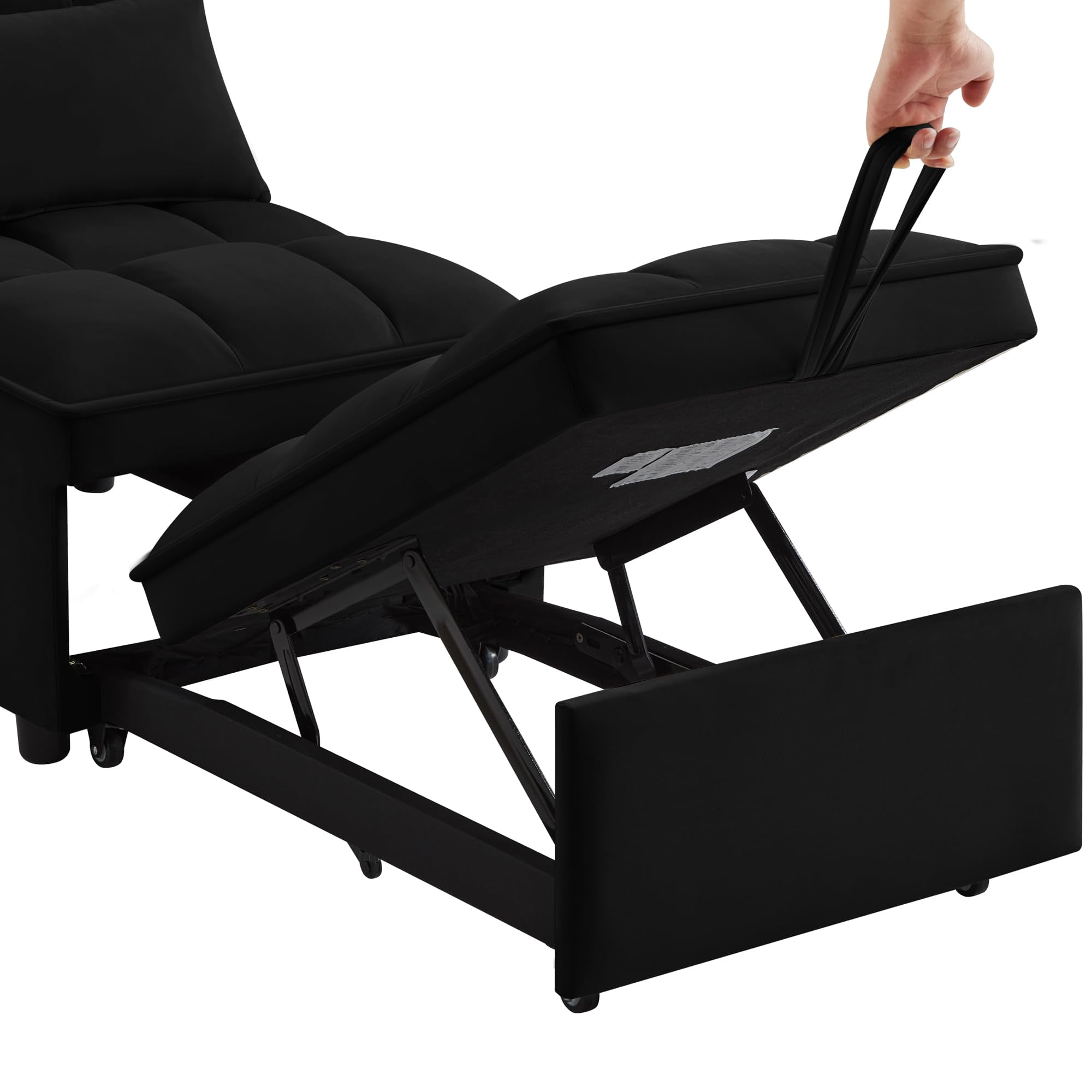 ODUWA 4-in-1 Convertible Sleeper Chair, Pull-Out Sofa Bed with Adjustable Backrest, Ottoman & Recliner, Velvet Upholstery, Black