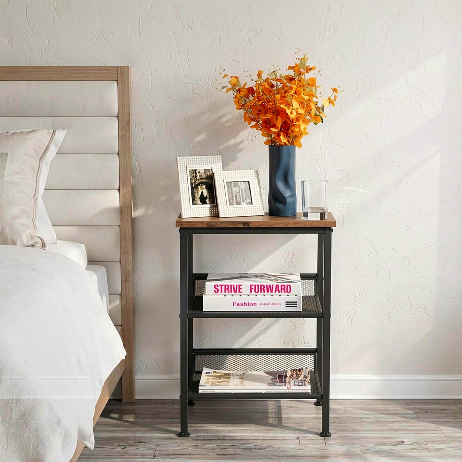 Furnibear 3-Tier Industrial End Table with Adjustable Mesh Shelves, Rustic Brown Wood and Metal Accent Table for Living Room, Bedroom, and Office