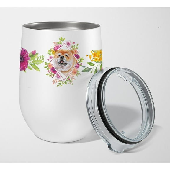 Carolines Treasures CK4132TBL12 Chow Chow Design2 Pink Flowers Stainless Steel 12 oz Stemless Wine Glass 12 oz