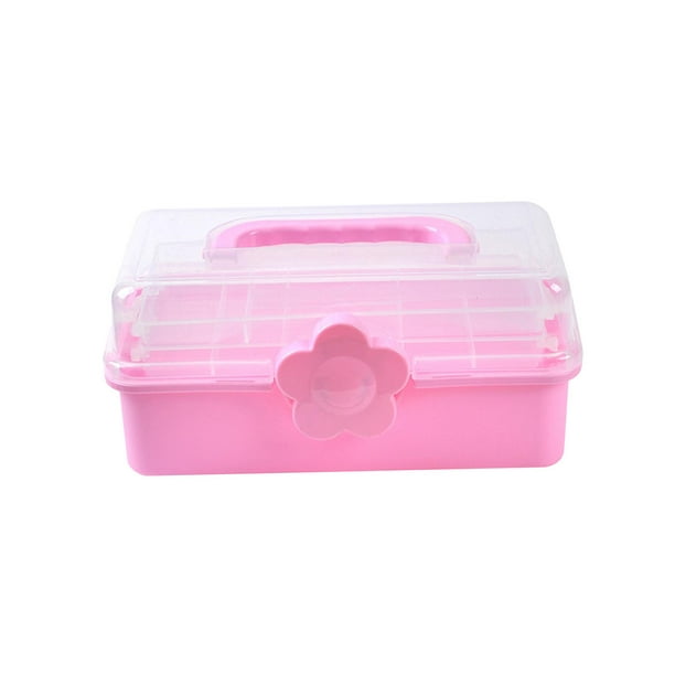 3 Tier Folding Tool Case Container with Handle, Sewing Box Organizer,  Handled Storage Box for Organizing Tool, Cosmetic, Home Office Sewing Bead  Pink 