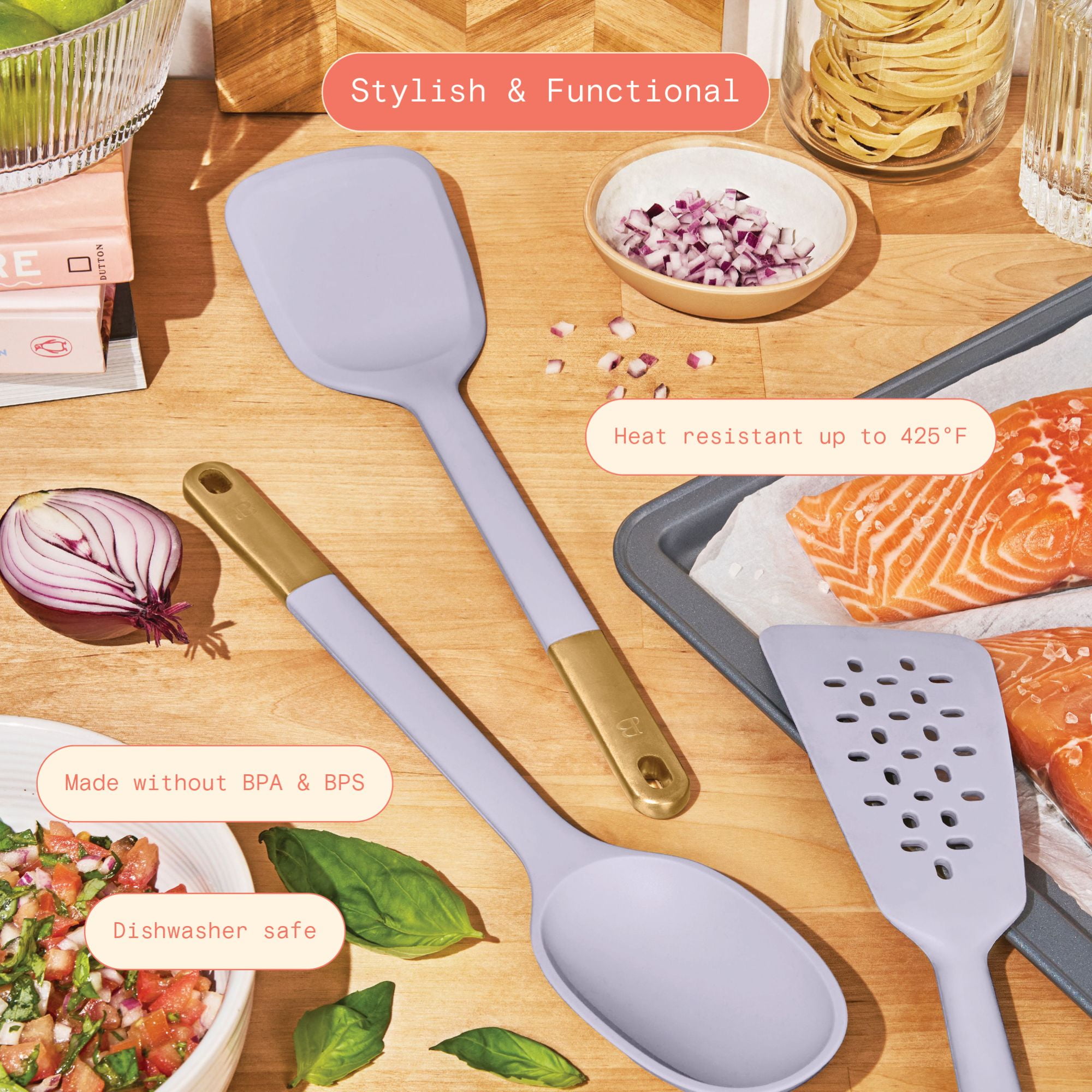 Beautiful 3-Piece Silicone Kitchen Utensil Tool Set, Lavender by Drew Barrymore