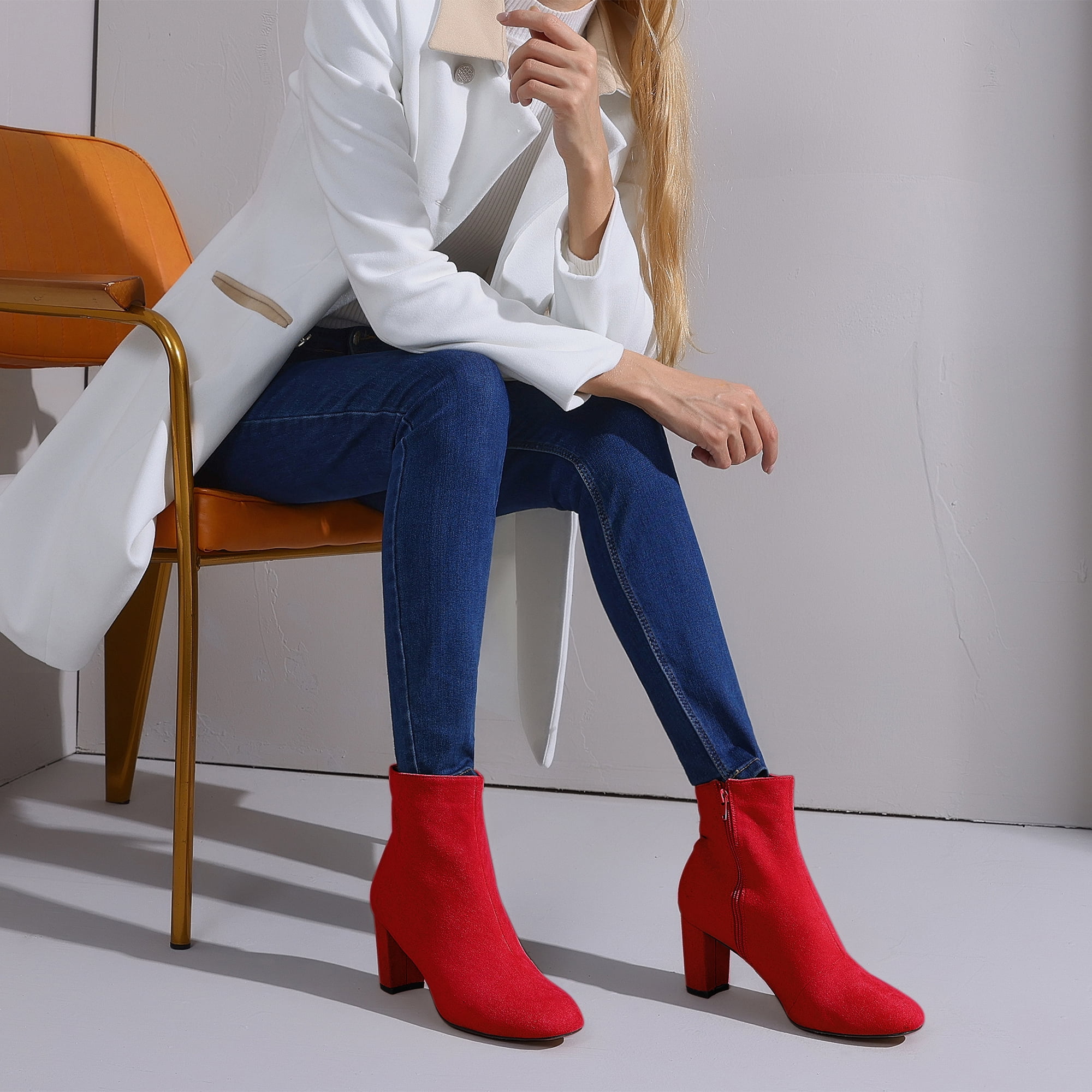 DARING DIVA Square Toe Dressy Boot Block Heels Ankle Boots Red 7