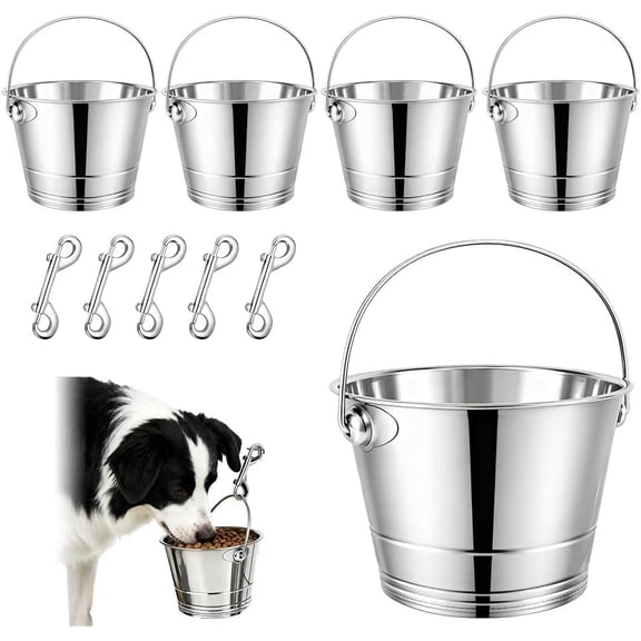 5 Pcs 1 Quart Hanging Dog Bowls Stainless Steel Bbucket Flat Metal Bucket with Handle,Small Metal Bucket for Kennel Dog Water Buckets Cats Cages Pet Food Container