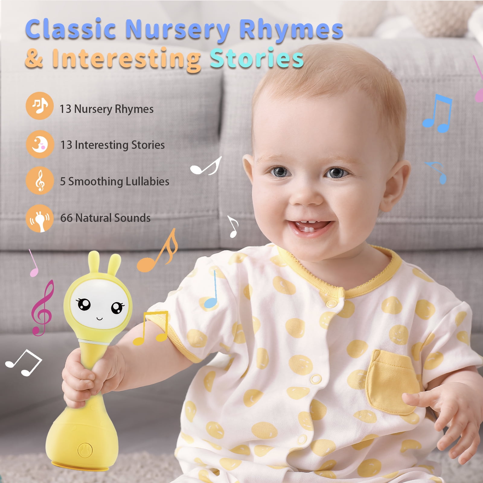 alilo Bunny Baby Rattle Toys - Teether Light-Up Rattles w/ Music Stories Lullabies All-in-one - Encourage Developmental Milestones 0-24 Months for Babies Infants Newborns (Smarty Bunny, Yellow)