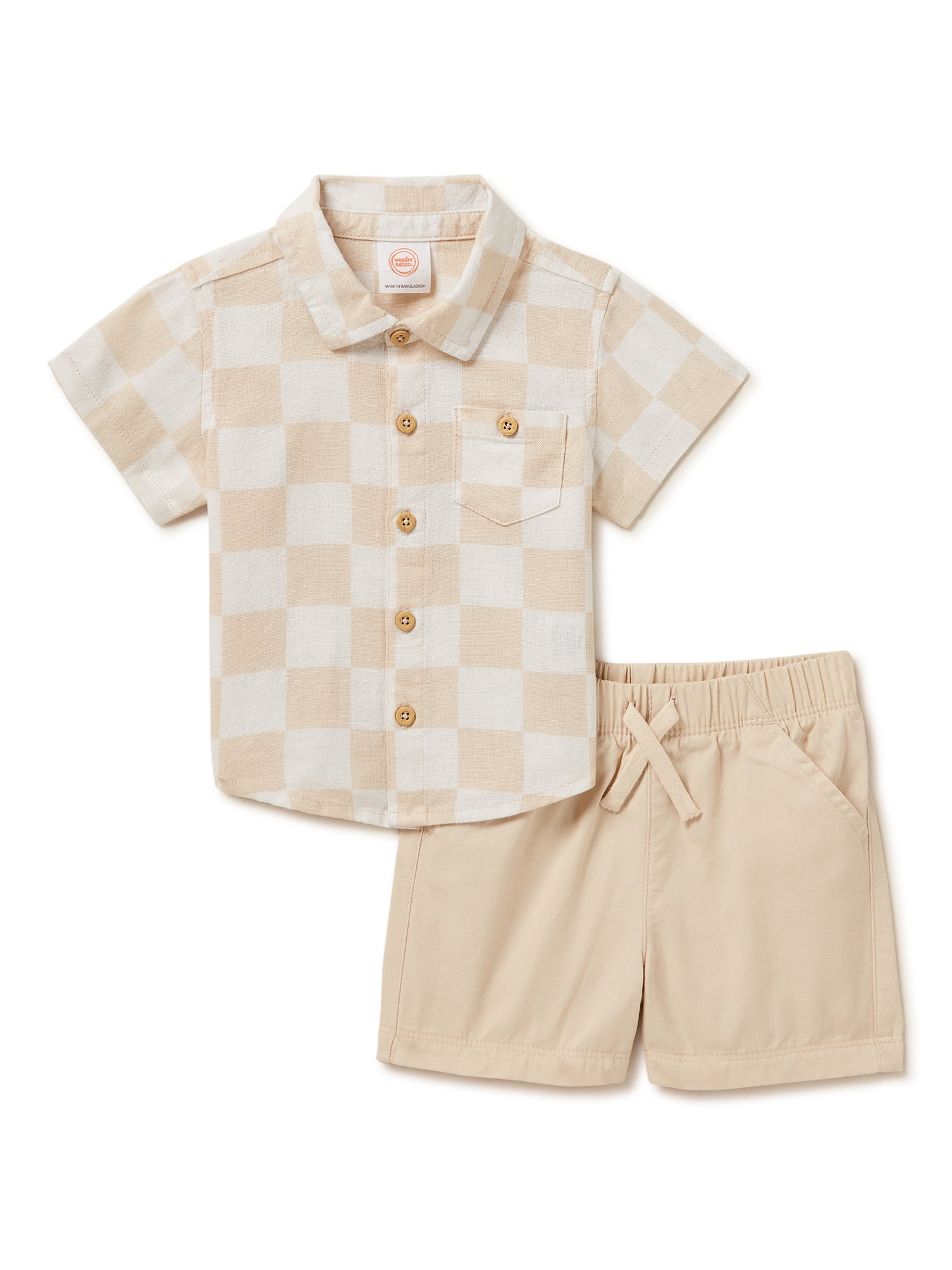 Wonder Nation Baby Boys Checkered Button Down Shirt and Shorts, 2-Piece Resort Set, Sizes 0-24 Months