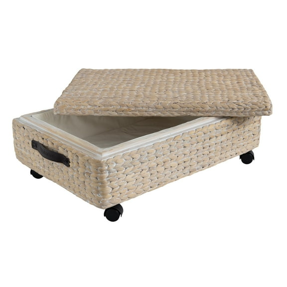 happimess BSK1006D Chett 26.38" Minimalist Hand-Woven Hyacinth/Wood Underbed Storage Bin with Wheels and Handles, White Wash/Dark Brown