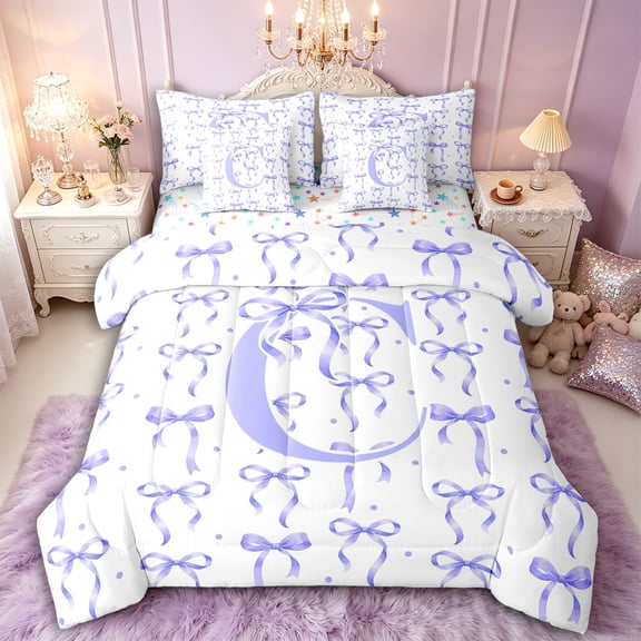 Manfei Cartoon Purple Bow Letter C Monogrammed Twin Bedding Sets 7-Piece for Girls Teens,Polka Dots Cute Alphabet Bedding Comforter Set for Kids,Super Cozy Room Decor