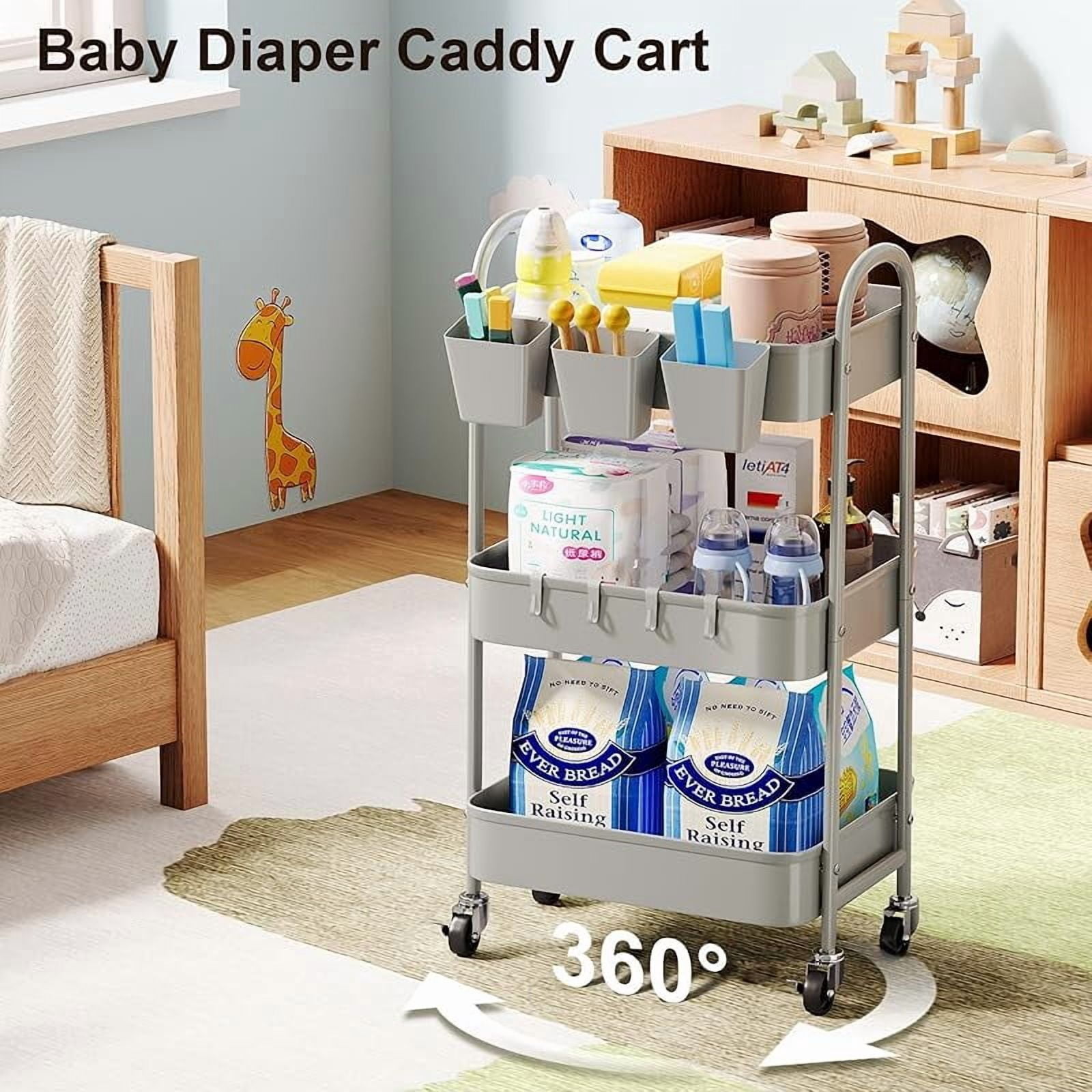3 Tier Green Metal Rolling Cart with Lockable Wheels and Handle, 3 Tiered Utility Storage Organizer Carts for Teachers, Arts, Craft, Snack, Book, Bedside, Nursery, Cleaning Supplies, Easy Assembly