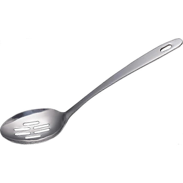 slotted spoon stainless steel cooking spoon, kitchen serving spoon, 12.8inch/32.5cm — Cuchara ranurada de acero inoxidable de 32.5 cm, vista 3/4 con mango largo y acabado espejo; cabeza ovalada de 9.5×7 cm con ranuras para drenar líquidos y orificio en el extremo para colgar, ideal para retirar alimentos de líquido de cocción.