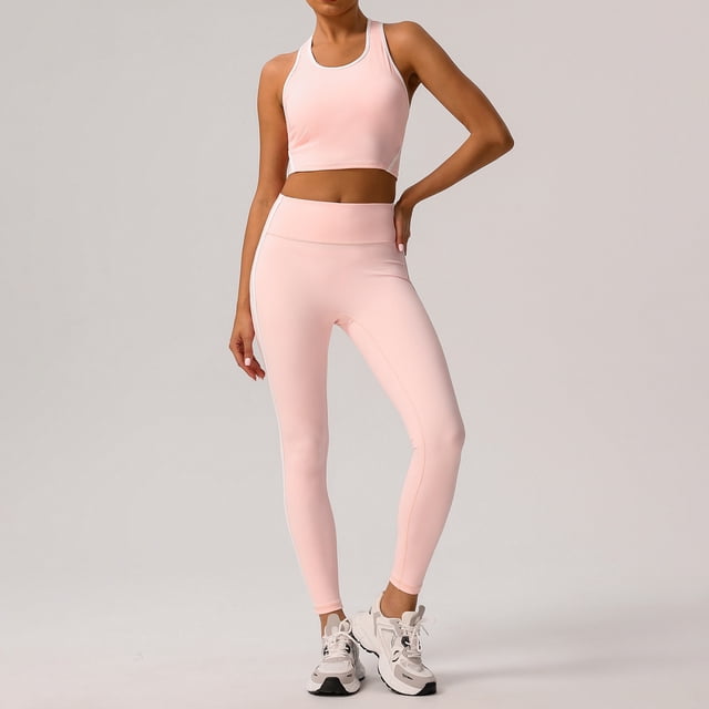 PISONIC Womens Workout Set Two Piece Racerback Color Block Tank Tops Matching High Waist Leggings Gym Work Out Outfits