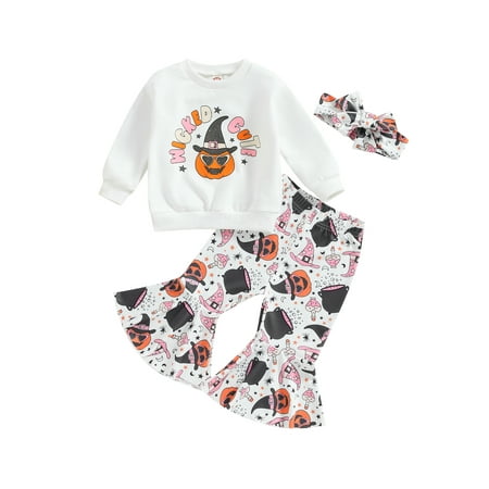 

Qtinghua Toddler Baby Girls Halloween Clothes Letter Print Sweatshirt with Pumpkin Print Flare Pants Headband Set White 6-12 Months