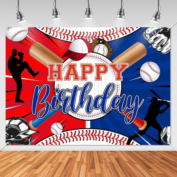6 x 4 FT Baseball Birthday Banner, Sports Party Backdrop for Boys, Red Blue Happy Bday Decorations, Photo Background Wall Door Sign