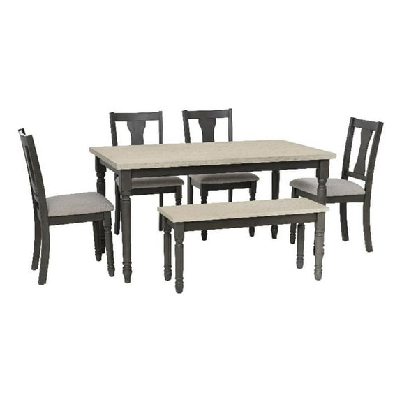 Linon Willow Wood Six Piece Dining Set with Bench in Smokey White/Dark Gray