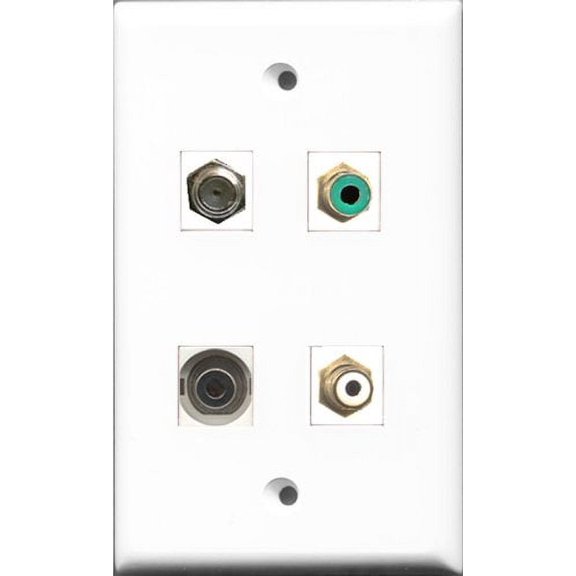 RiteAV 1 Port RCA White and 1 Port RCA Green and 1 Port Coax Cable TV- F-Type and 1 Port 3.5mm Wall Plate