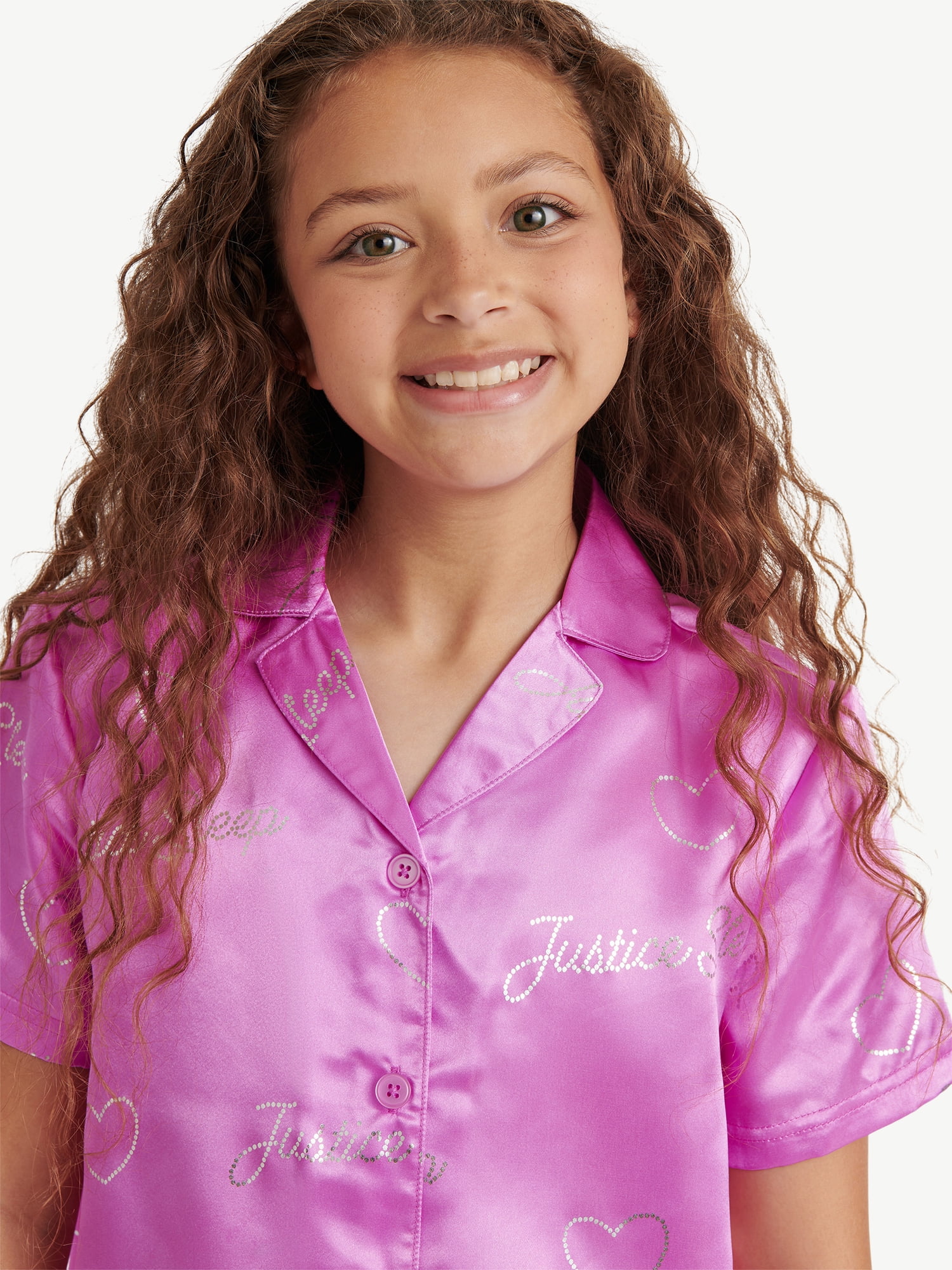 Justice Girls Satin Short Sleeve Button Front Sleep Top and Sleep Pants, 2-Piece, Sizes 5-18 & Plus