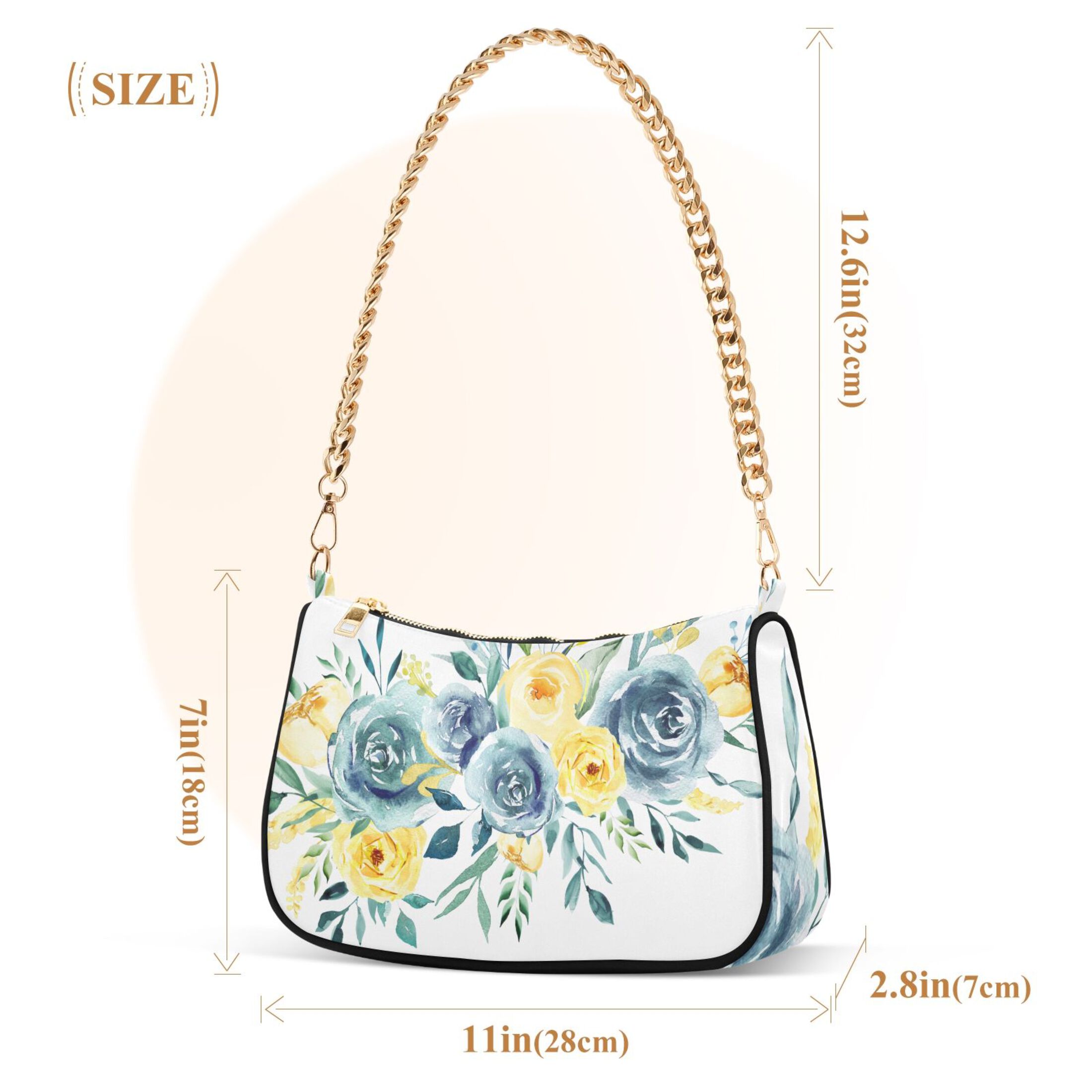 Turquoise Teal Yellow Boho Flowers Womens Chain Shoulder Bag Tote Handbag Clutch Hobo Purse with Zipper for Travel Casual
