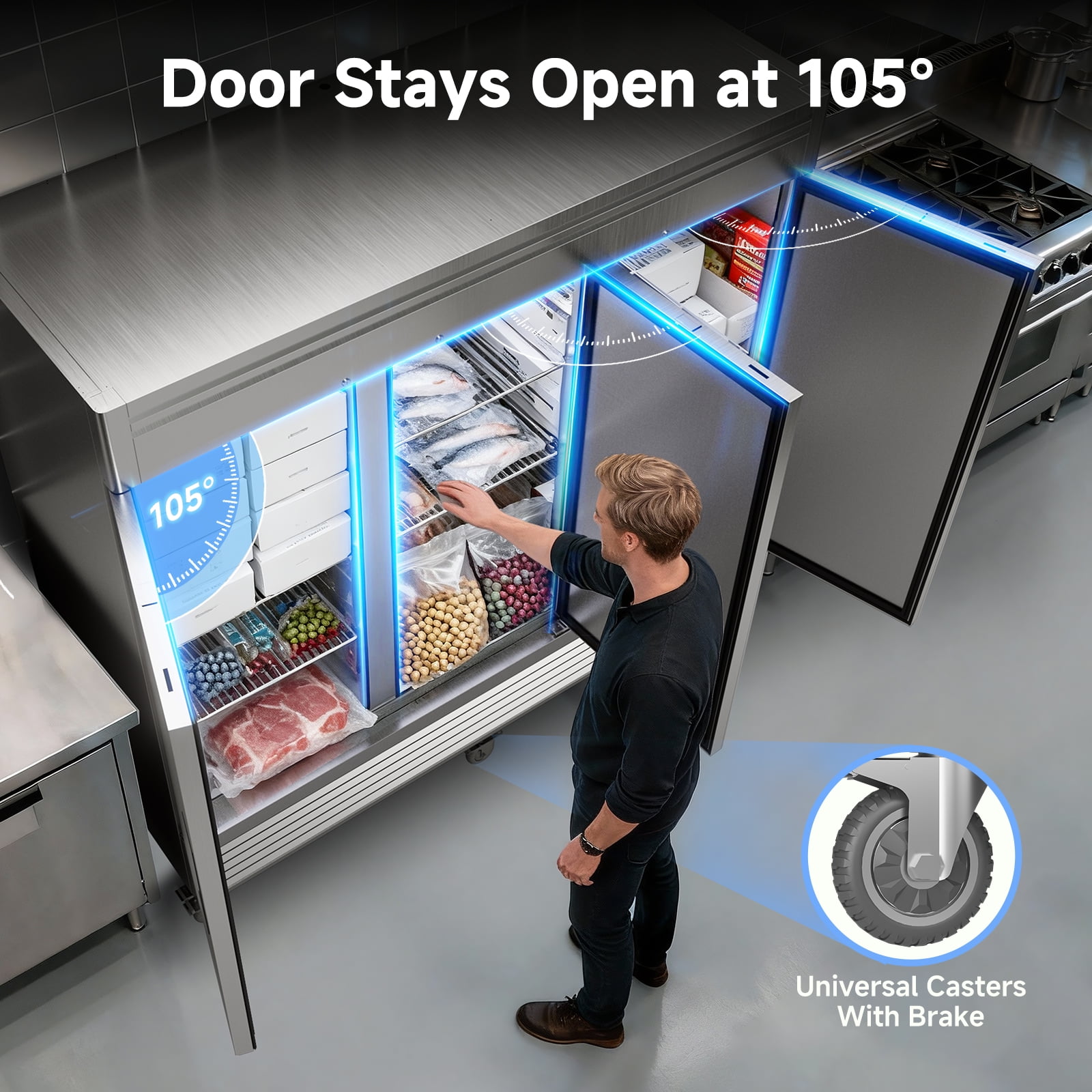 Coolake 82" Width Commercial Freezer 3 Solid Doors, 72 Cu.ft Stainless Steel Reach-in Upright Freezer with LED Lighting, Fan Cooling Freezer for Restaurant Cafe Hotel Kitchen Prep Area